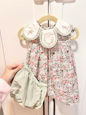 Floral Pink & Green Baby Girls Matching Set with Trim Collar